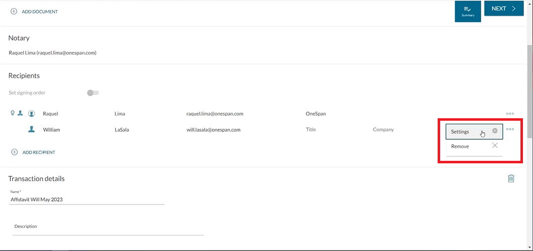 The notary selects ‘Authentication’ to bring up the signer authentication options.